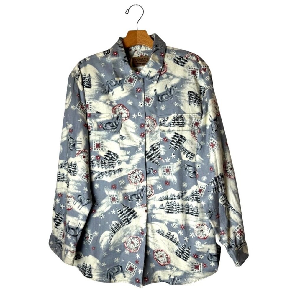 Pendleton Knockabouts Shirt Women 10 Gray Ivory Winter Snow Collared Button Down